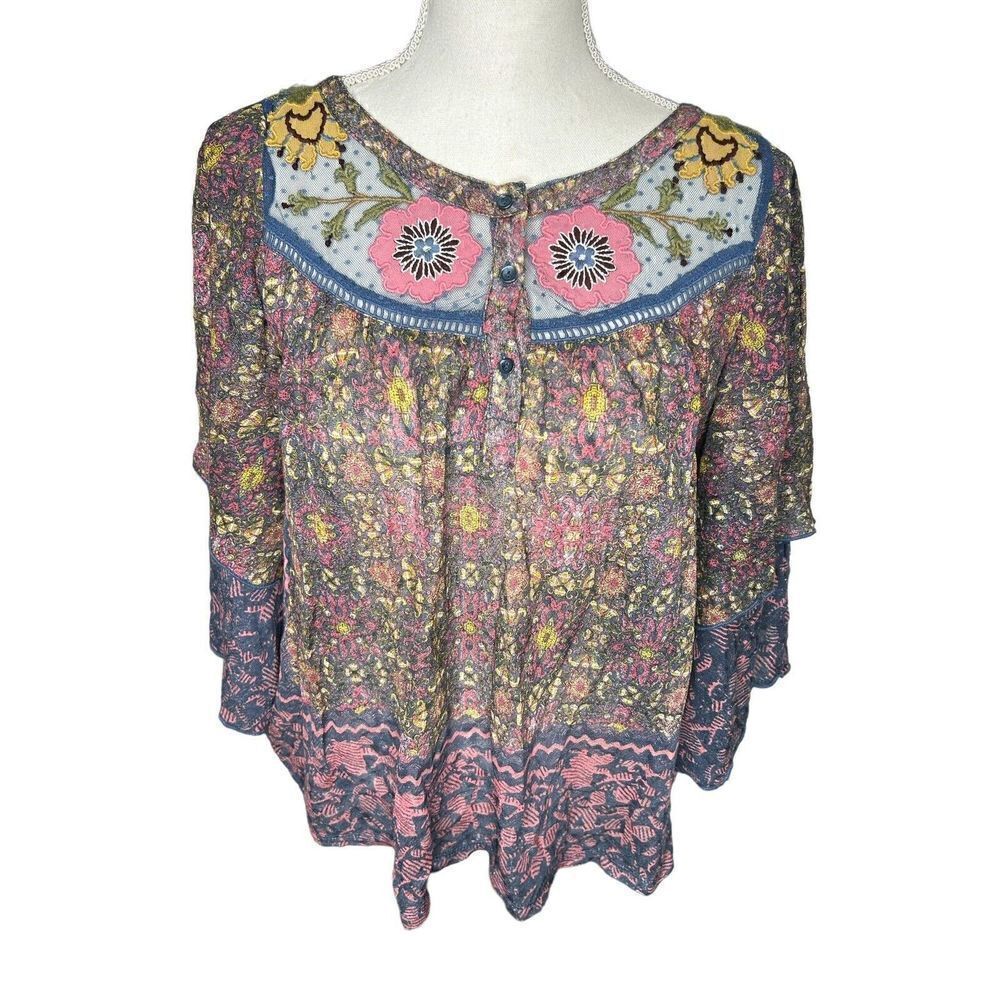 Anthropologie Postmark Ciutadella Embroidered Top Shirt Multi-Color Small Floral